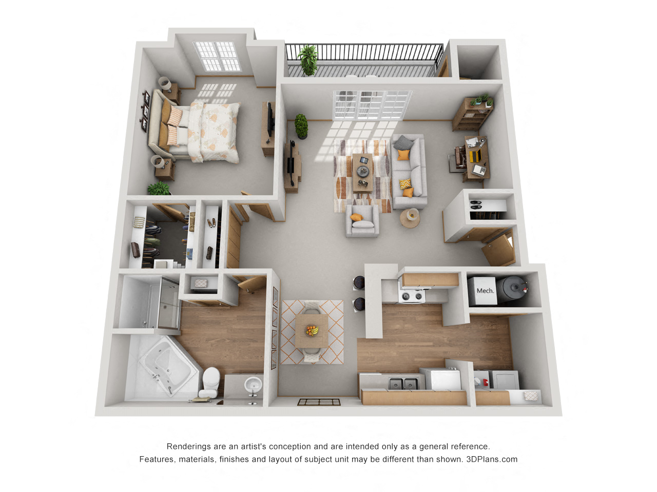 Floor plan for 1 bed, 1 bath, 1050 sqft